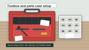 Toolbox and small parts organizer with visible Wisedry silica gel packets