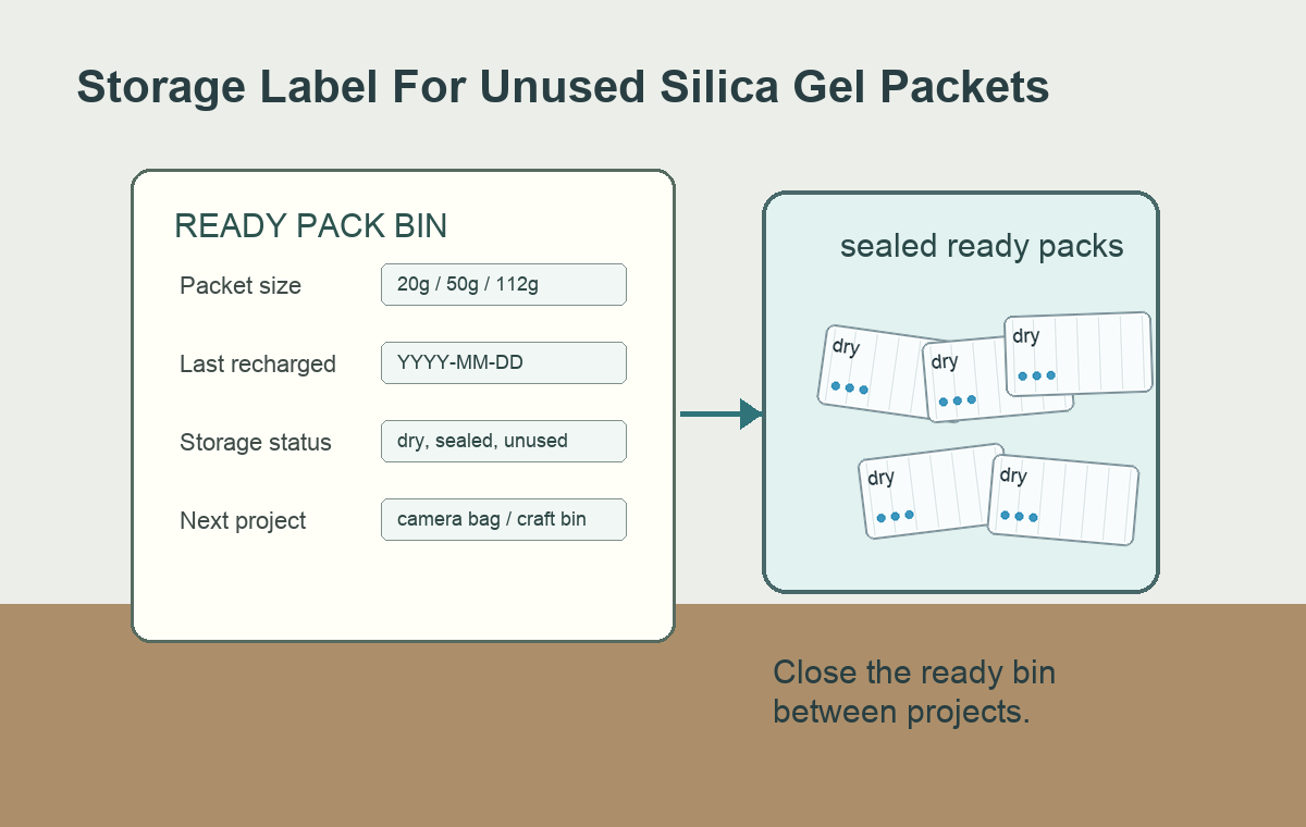 Label card for a sealed bin of unused silica gel packets