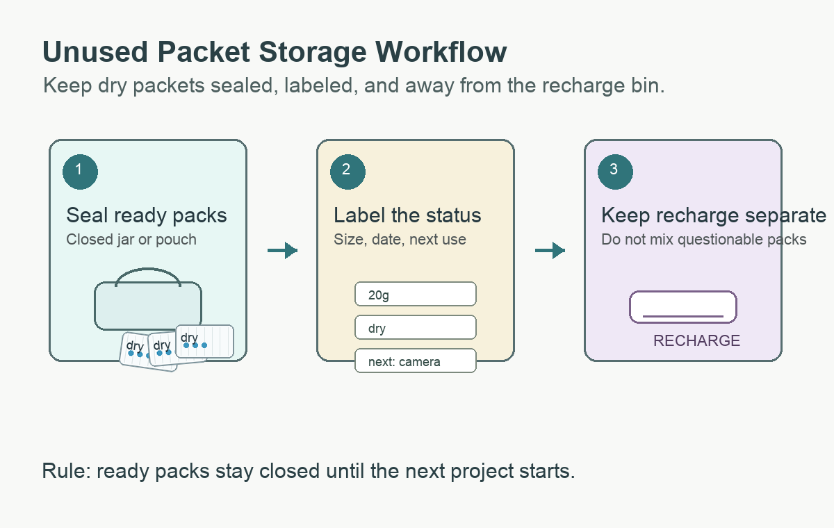 Three step workflow for storing unused silica gel packets between projects