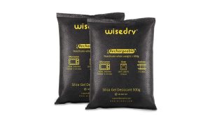Two real Wisedry 500g rechargeable silica gel dehumidifier bags on a white background