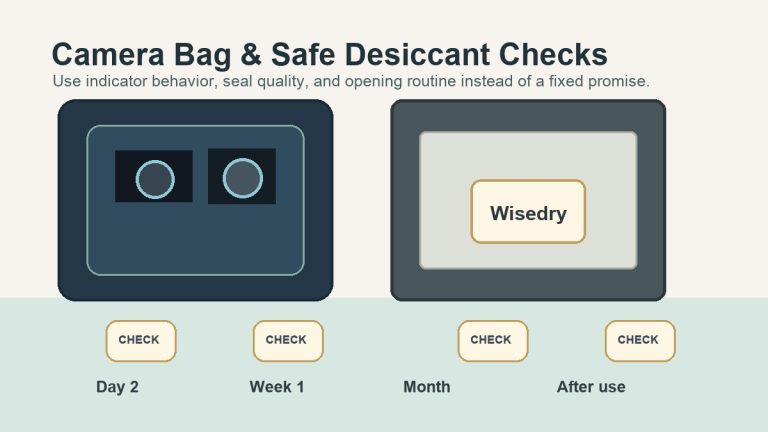 Camera bag and small safe with Wisedry silica gel packets and a simple check calendar