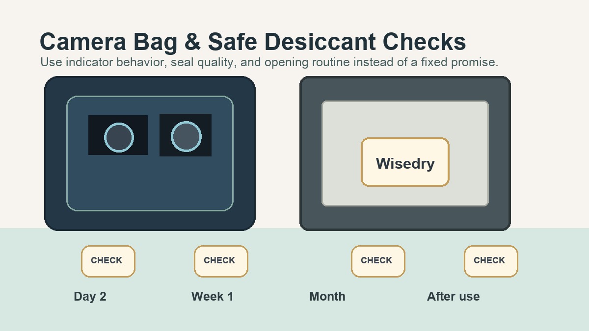 Camera bag and small safe with Wisedry silica gel packets and a simple check calendar