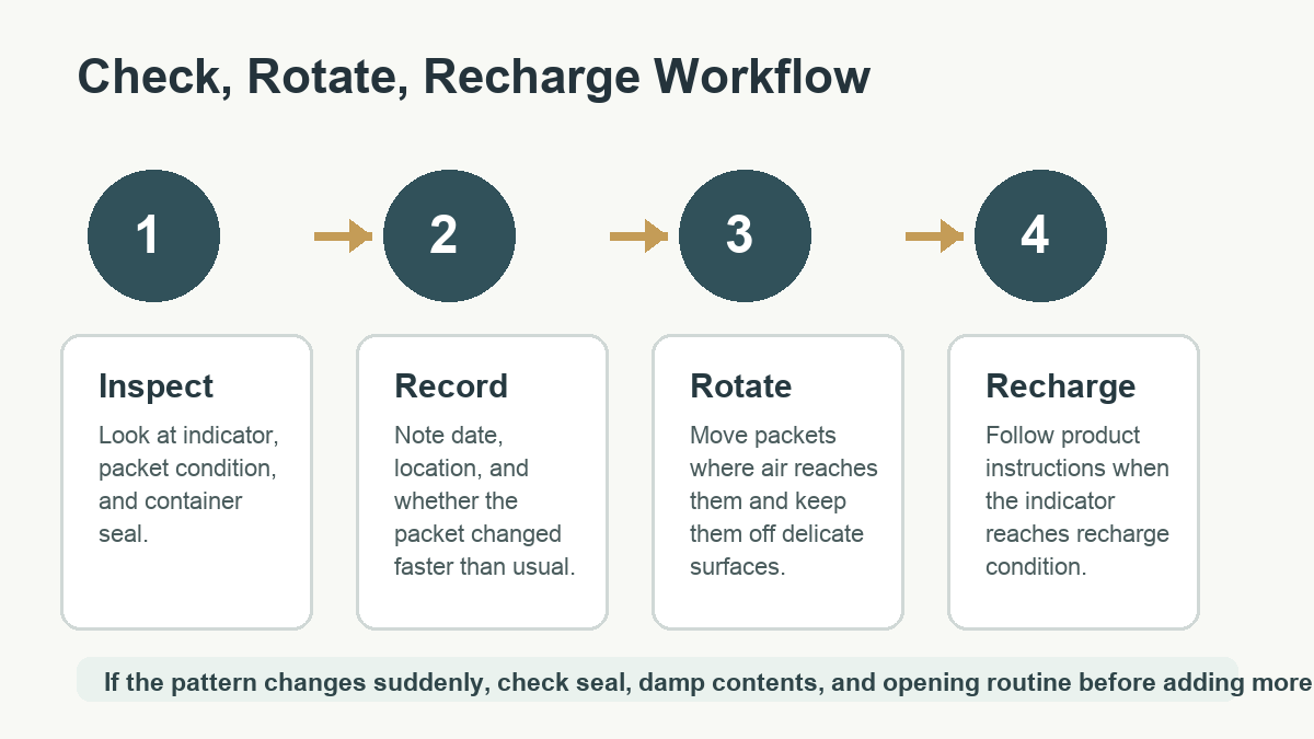 Workflow for checking rotating and recharging desiccant packets in camera and safe storage