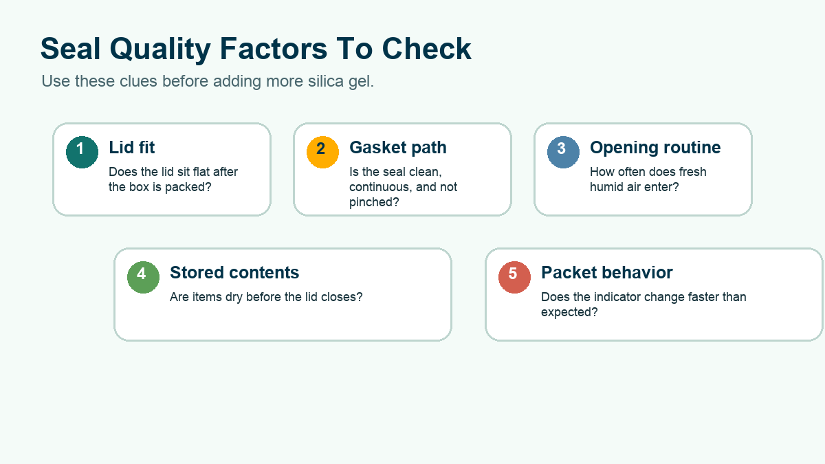 Checklist of seal quality factors that affect silica gel desiccant amount and checking frequency