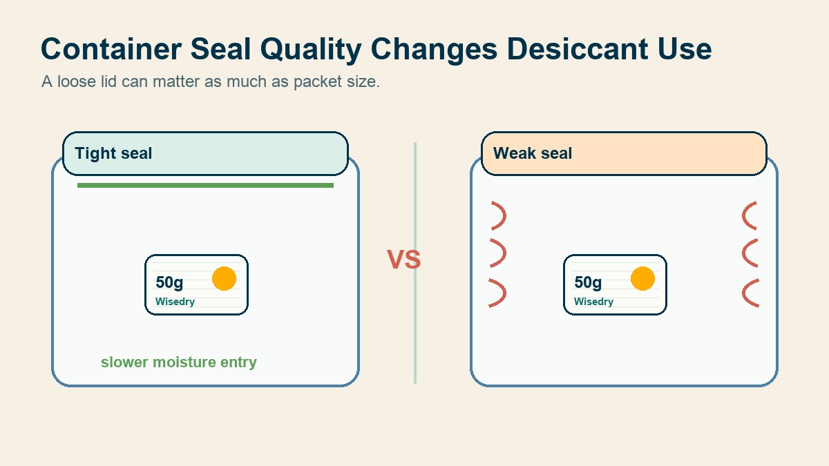 Comparison of a tight storage box seal and a weak seal affecting Wisedry desiccant use