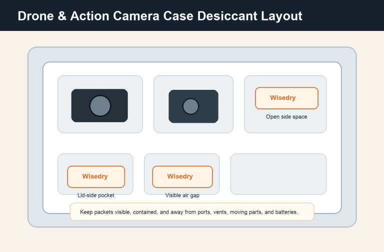 Drone and action camera case desiccant layout with Wisedry packets in open case zones