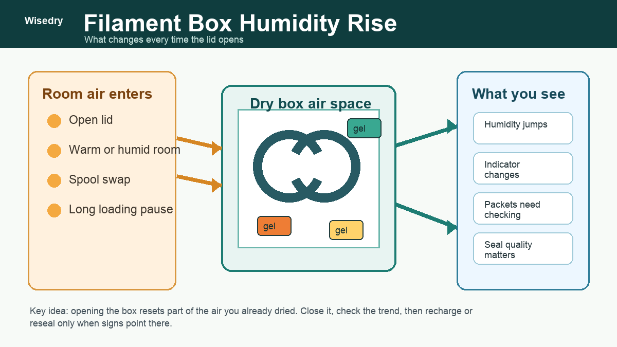 Filament dry box humidity rise after opening showing humid air exchange and Wisedry packets