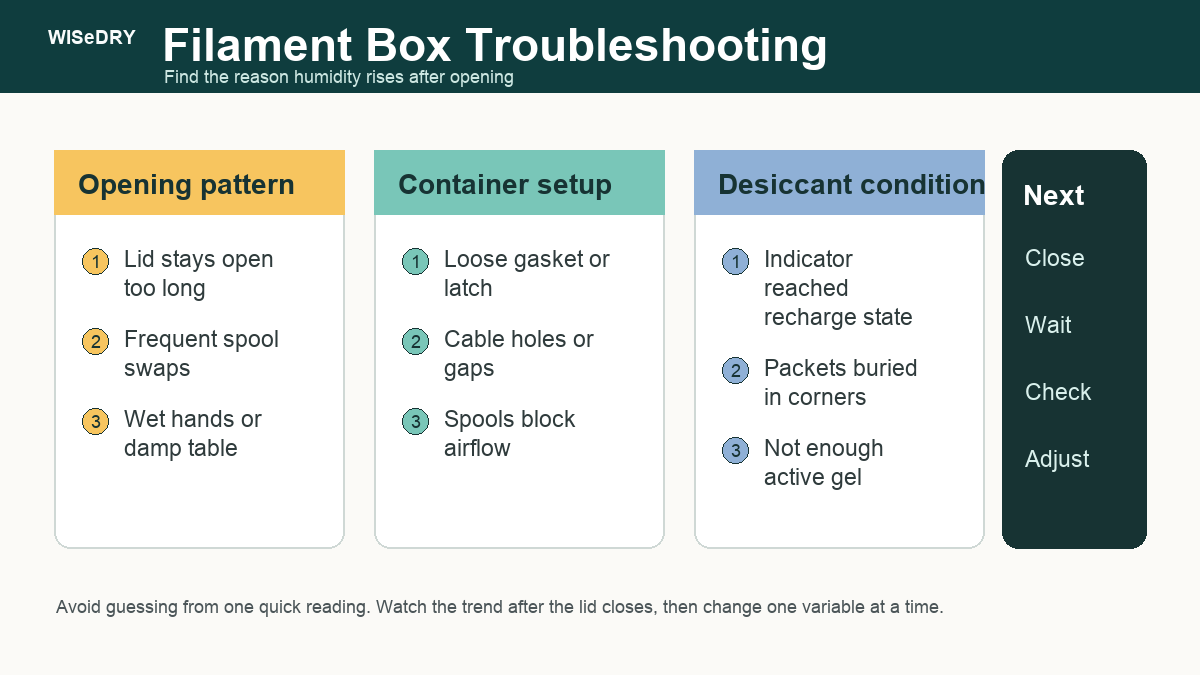 Troubleshooting checklist for a filament box that gains humidity after opening
