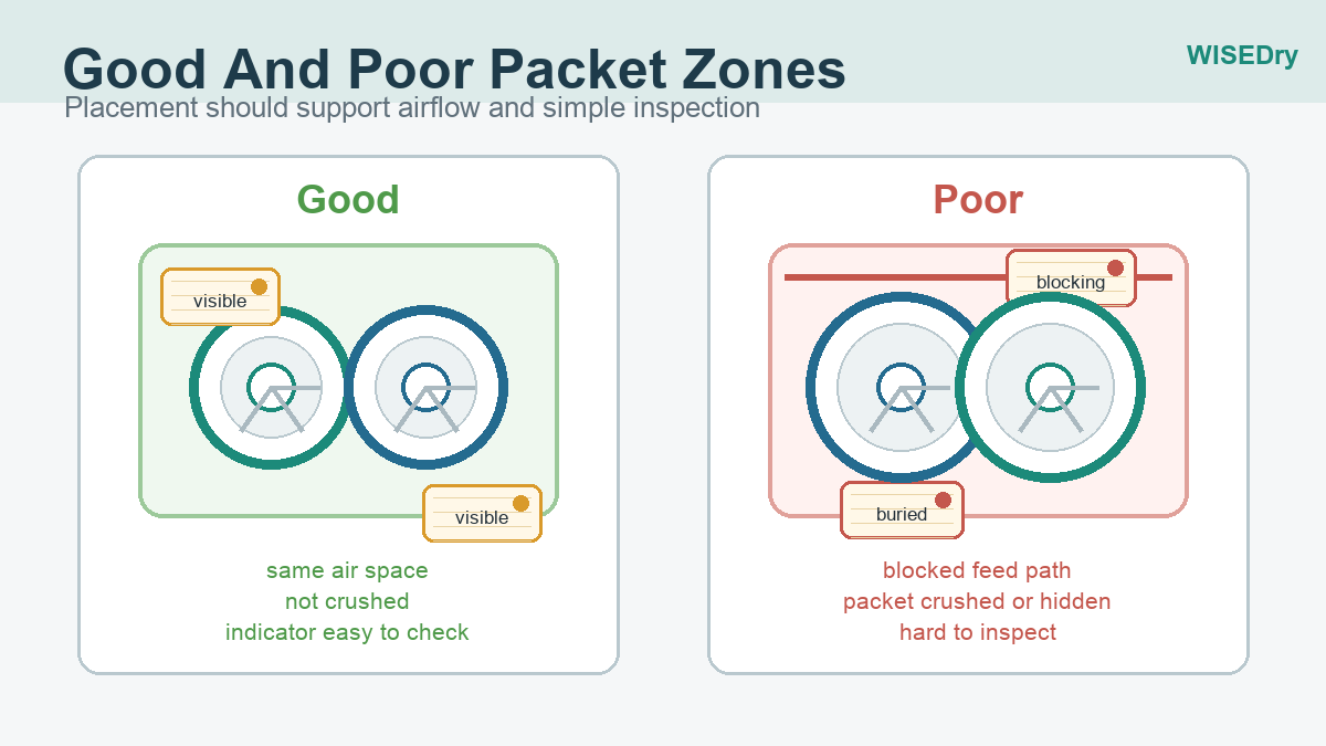 Good and poor desiccant packet zones inside a shared filament storage container