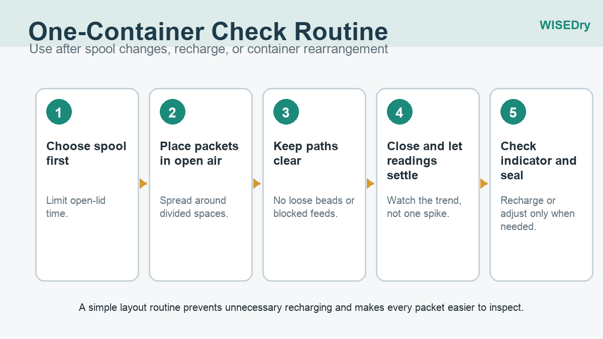 Filament container check routine for spool choice packet placement clear feed paths and seal checks