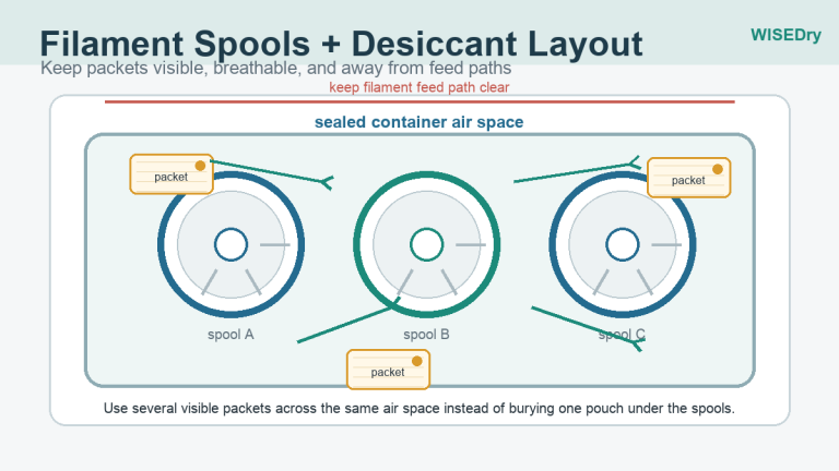Filament spools and Wisedry desiccant packets arranged in one sealed container with clear feed paths