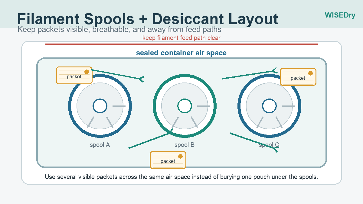 Filament spools and Wisedry desiccant packets arranged in one sealed container with clear feed paths