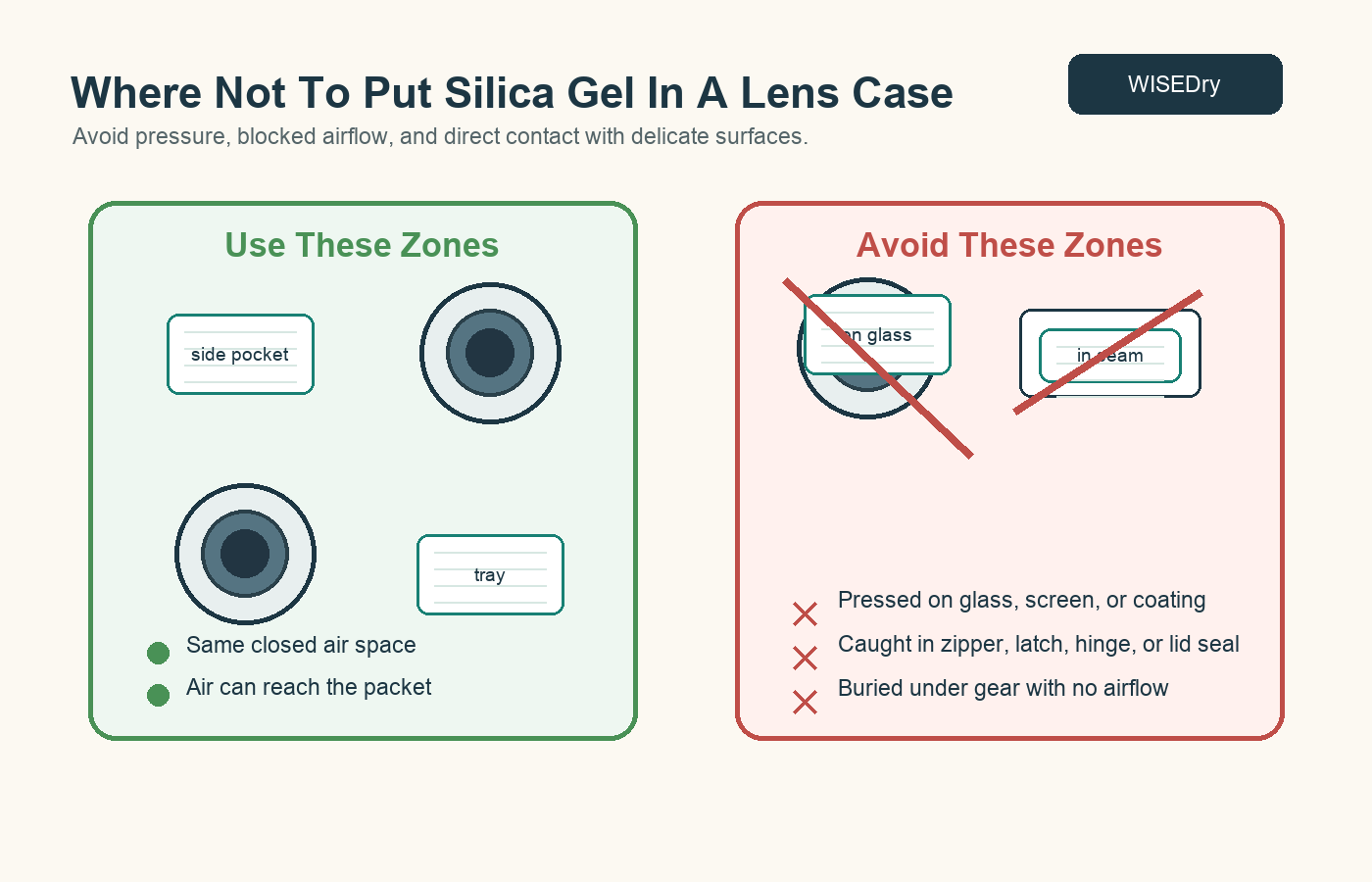 Good and poor silica gel placement zones inside a lens storage case