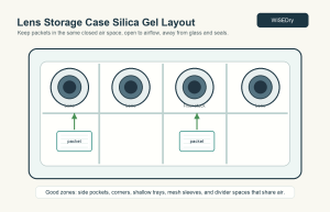 Lens storage case layout showing Wisedry silica gel packet zones away from lenses and seals
