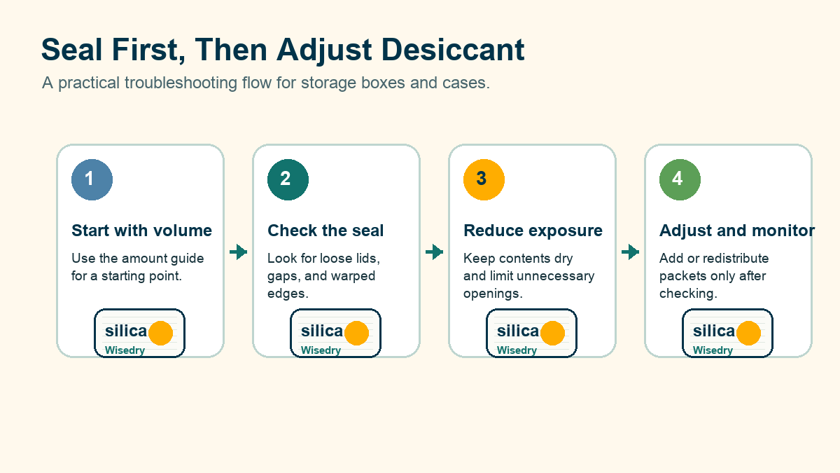 Workflow to check container seal quality before adding or adjusting Wisedry silica gel packets