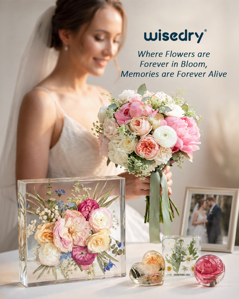 Bride holding a wedding bouquet beside a preserved flower shadow box display