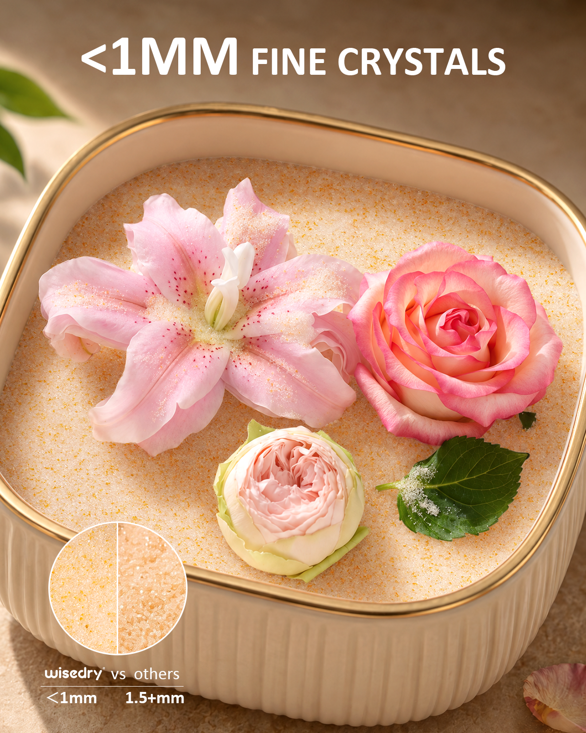 Dried flowers arranged inside a deep shadow box with silica gel crystals nearby